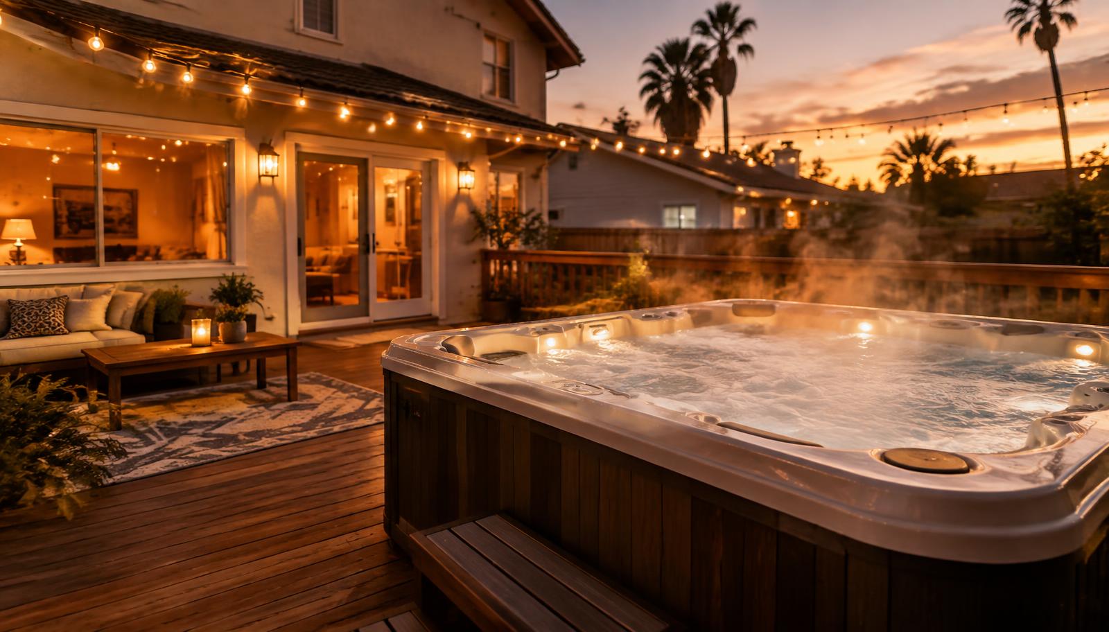 Steaming backyard hot tub on a wooden deck at dusk