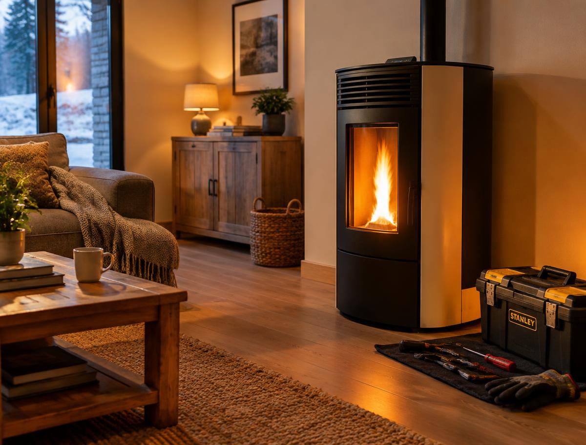Pellet stove burning in a cozy living room